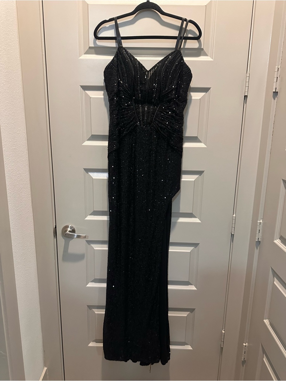 Terani Couture Black Beaded Maxi Gown with Spaghetti Straps
